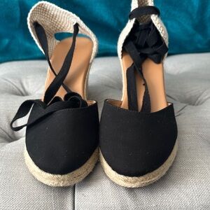 J. Crew Black and Cream Espadrille Wedges